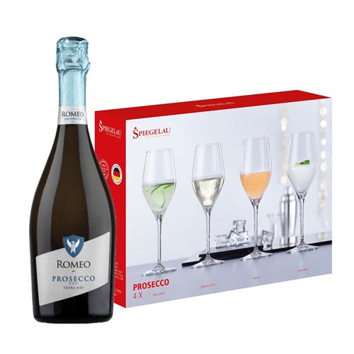 Romeo Prosecco DOC 75cl With A Set Of 4 Spiegelau Prosecco Glasses